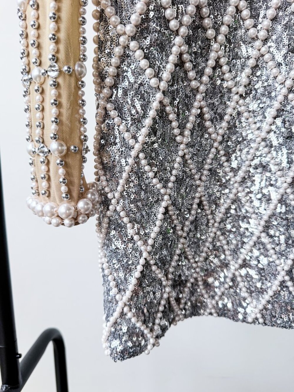Balmain Pearl and Crystal Embellished Sequin Mini Dress Silver Size FR 38 US 6 - Picture 7 of 14
